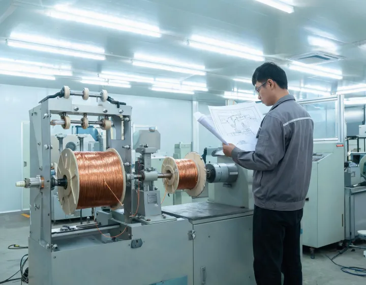 Coil winding cell with magnet wire on a tensioner feeding a bobbin on a spindle